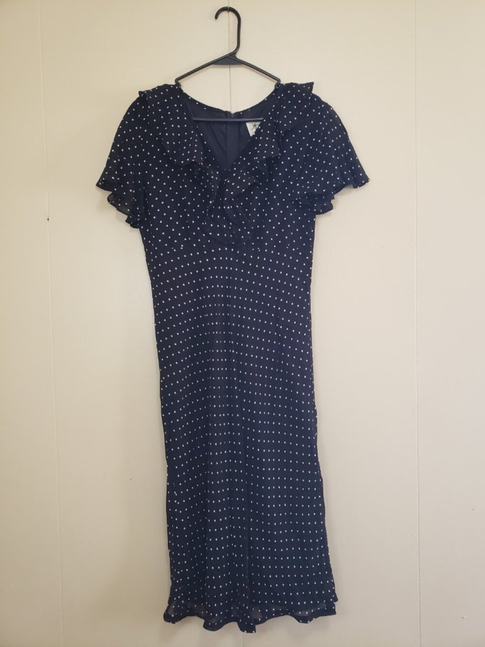 Vtg Jeffrey & Dara Womens 10 Dress 100% Rayon A Line Midi Polka Dot Retro Ruffle